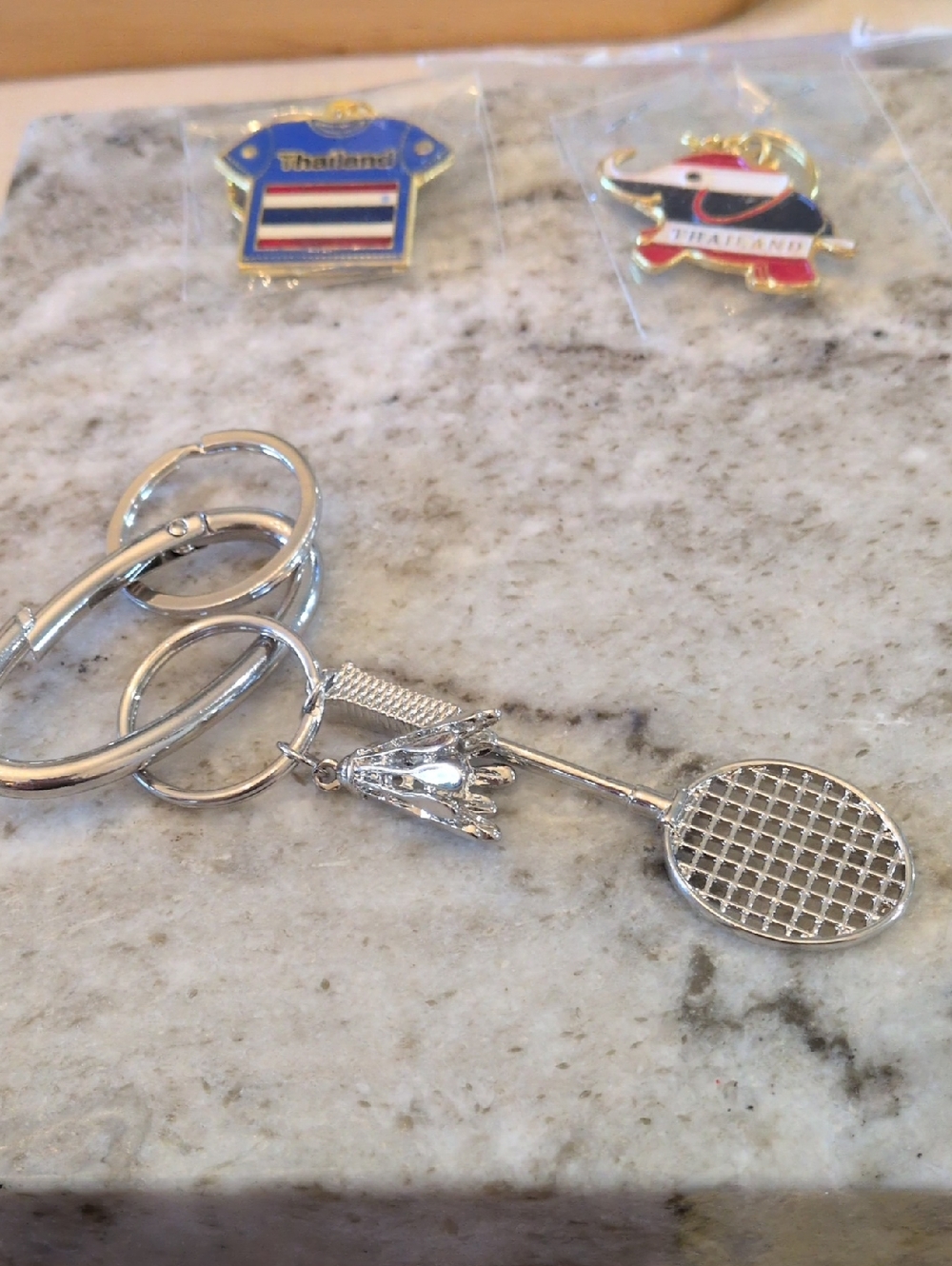 Silver Badminton Racket Keychain and Shuttlecock Key Holder